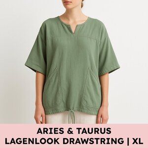 Aries & Taurus Cotton Lagenlook Drawstring Pocket Top Sage Green Made in USA XL